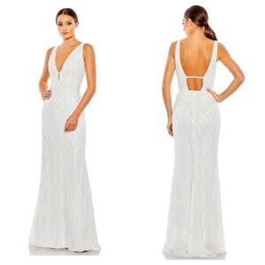 Mac Duggal Dress Formal Gown Maxi Beaded Sequin Plunge Wedding Prom White 4